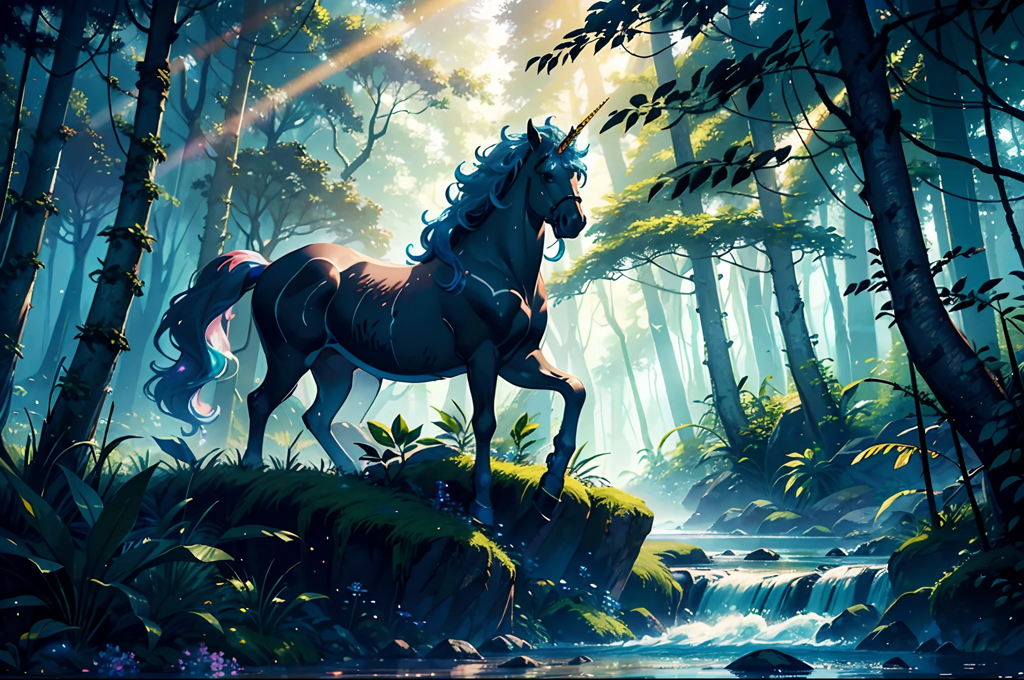 (best quality, 4k, 8k, high resolution, masterpiece: 1.2), ultra-detailed, realistic and vibrant colors, fantasy lighting, (a unicorn in a fantasy jungle: 1.42), a shiny golden horn, an elegant and majestic creature , a flowing mane and tail, lush and vibrant foliage, flowers of various colors and sizes, sun rays filtering through the trees, misty atmosphere, magical and enchanting atmosphere, ethereal and dreamlike landscapes, mystical and mysterious vibes, tranquility and harmony, surreal and otherworldly nature, untouched and pristine.