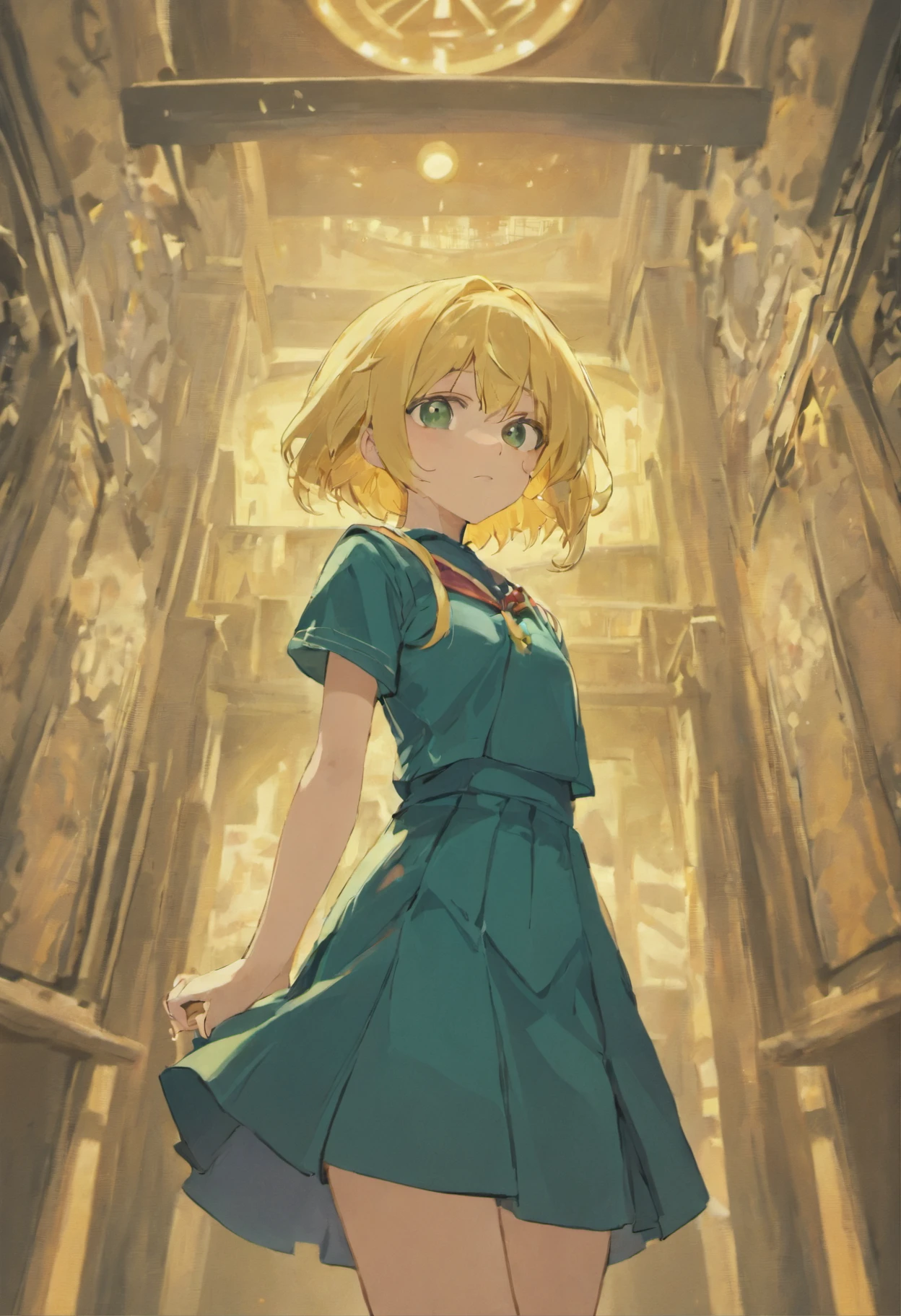 Masterpiece, Best quality,Yellow hair，short detailed hair，animemanga girl，Loli body，Smile shyly，Dark green dress school uniform，head bowed slightly，Scene background：Campus classrooms