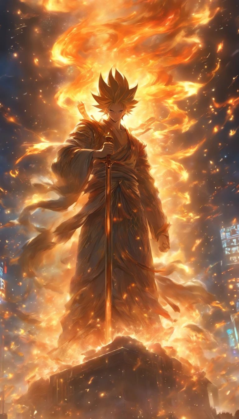 /imagine prompt: The majestic Saint stands on a high platform, holding a staff radiating immense power, the ground shattering and flames splattering as he extends his arm forward. The remains of Xiao Huohuo are scattered around. ,32k, best quality, masterpiece, super detail, high details, by Makoto Shinkai ,in the style of the stars art group xing xing, --niji 5"