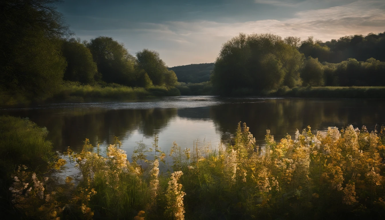 The river flows,Reflecting the sky,Seasonal flowers too,light and shadows