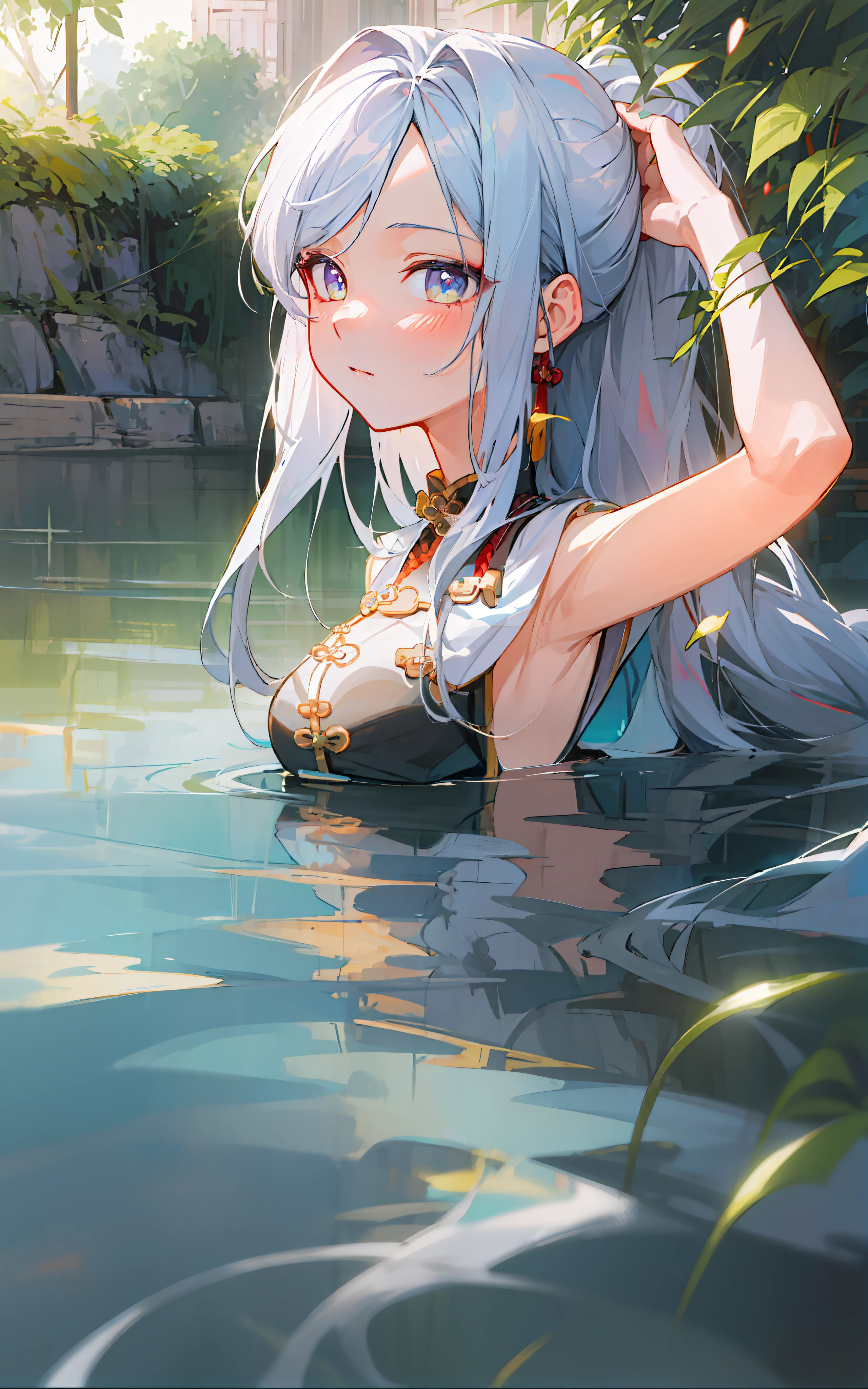 （Background with：ponds，Cherry blossom forest，lotus flower）Lie underwater， She has white long hair，Twist braids，seen from the front，mostly cloudy sky，（（（tmasterpiece），（Very detailed CG unity 8K wallpaper），best qualtiy，cinmatic lighting，detailed back ground，beatiful detailed eyes，Bright pupils，Blue eyes，Snow-whiteskin，（Very fine and beautiful），（Beautiful and detailed eye description），ultra - detailed，tmasterpiece，））facing at camera，A high resolution，ultra - detailed），revealing breasts，Bare genitalia，  Bulge，legs are open，Raised sexy，Camel toes，Desire for dissatisfaction，frontage，（Wearing ：耳Nipple Ring， jewely， Denim apron， Bare ）