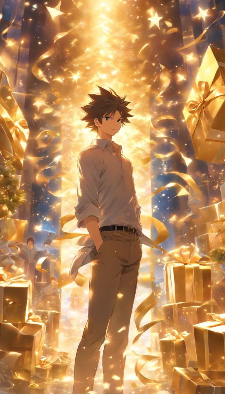 /imagine prompt: A young and handsome man standing in front of a large gift box, opening it to reveal a burst of golden light, surrounded by a festive atmosphere with party decorations and ribbons, ,32k, best quality, masterpiece, super detail, high details, by Makoto Shinkai ,in the style of the stars art group xing xing, --niji 5"