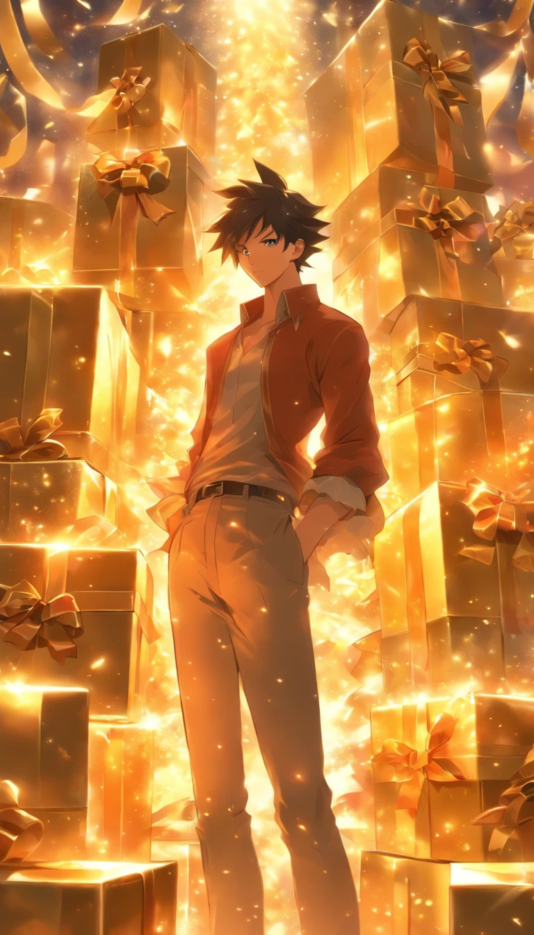 /imagine prompt: A young and handsome man standing in front of a large gift box, opening it to reveal a burst of golden light, surrounded by a festive atmosphere with party decorations and ribbons, ,32k, best quality, masterpiece, super detail, high details, by Makoto Shinkai ,in the style of the stars art group xing xing, --niji 5"