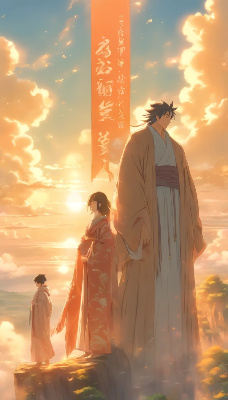 /imagine prompt: A middle-aged man in a luxurious robe standing on a high platform, holding an ancient scroll in his hand, with a piercing gaze scanning the surroundings, accompanied by two beautiful women, Xueer and Nalan Wan'er, standing beside him, looking solemn. Below the high platform is a vast valley, with pleasant scenery under the sunlight. ,32k, best quality, masterpiece, super detail, high details, by Makoto Shinkai ,in the style of the stars art group xing xing, --niji 5"