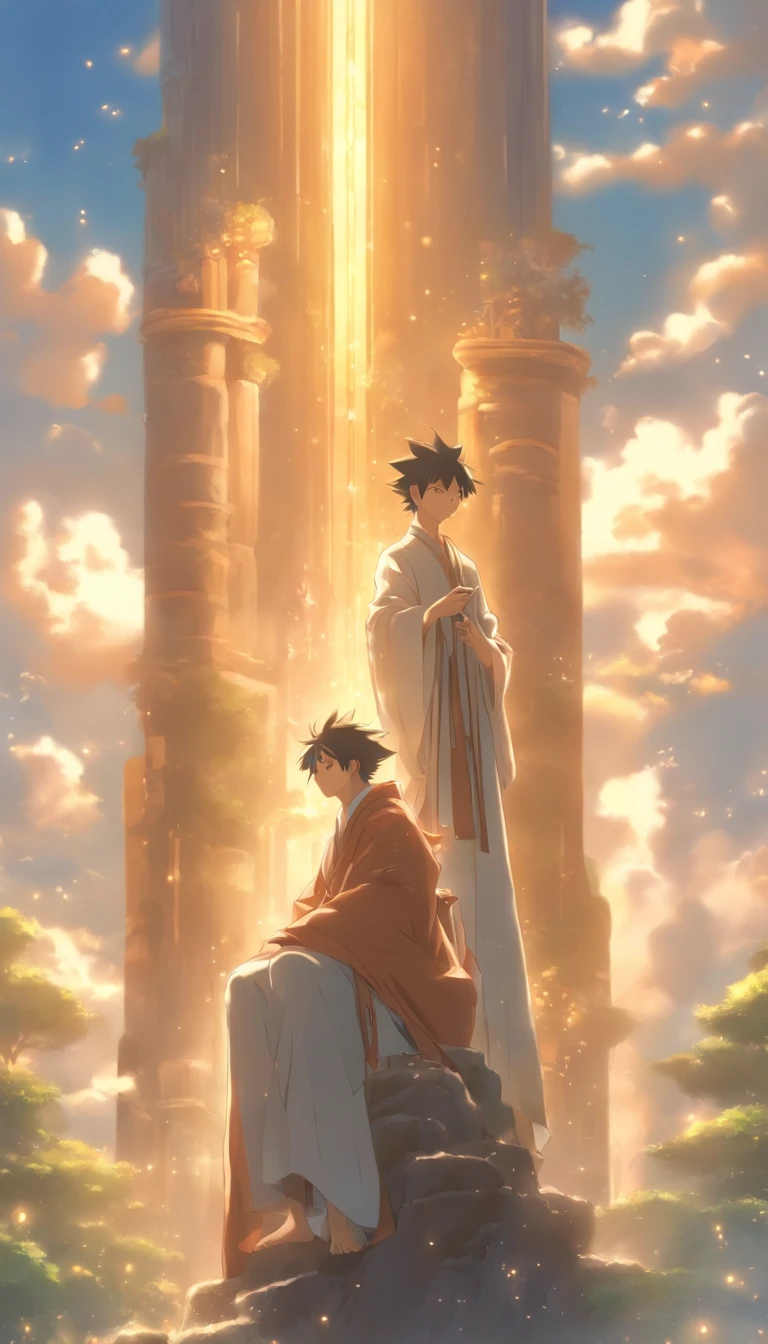 /imagine prompt: A middle-aged man in a luxurious robe standing on a high platform, holding an ancient scroll in his hand, with a piercing gaze scanning the surroundings, accompanied by two beautiful women, Xueer and Nalan Wan'er, standing beside him, looking solemn. Below the high platform is a vast valley, with pleasant scenery under the sunlight. ,32k, best quality, masterpiece, super detail, high details, by Makoto Shinkai ,in the style of the stars art group xing xing, --niji 5"