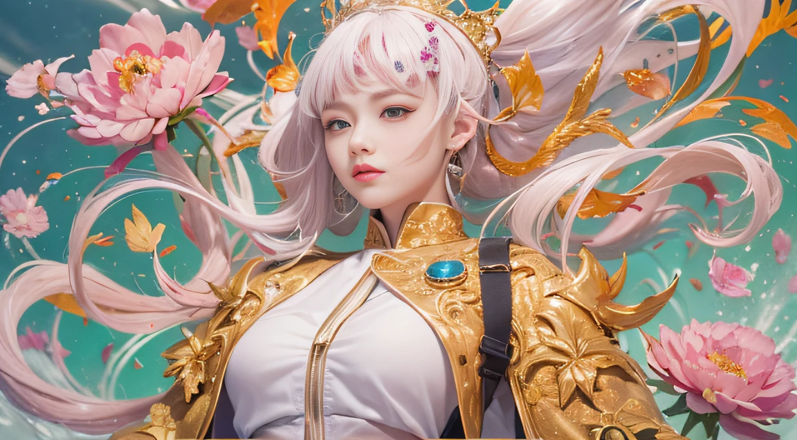 cyan colors,blue colors,The world of enamel,Blood Girl 32K(tmasterpiece,k hd,Aoyama Pond,hyper HD,32K)Long flowing bright orange hair,blood pond,zydink, a color,Grumpy (Post-halo), (Linen scarf), Combat posture, looking at the ground, long whitr hair, Floating bright orange, Fire cloud pattern gold tiara, Chinese long-sleeved gold silk burgundy garment, (Abstract metaverse splash:1.2), white backgrounid,Peony flower vitality protector(realisticlying:1.4),Bright purple hair,Smoke on the road,The background is pure, A high resolution, the detail, RAW photogr, Sharp Re, Nikon D850 Film Stock Photo by Jefferies Lee 4 Kodak Portra 400 Camera F1.6 shots, Rich colors, ultra-realistic vivid textures, Dramatic lighting, Unreal Engine Art Station Trend, cinestir 800,A girl with long flowing bright orange hair,Huge colorful bubbles