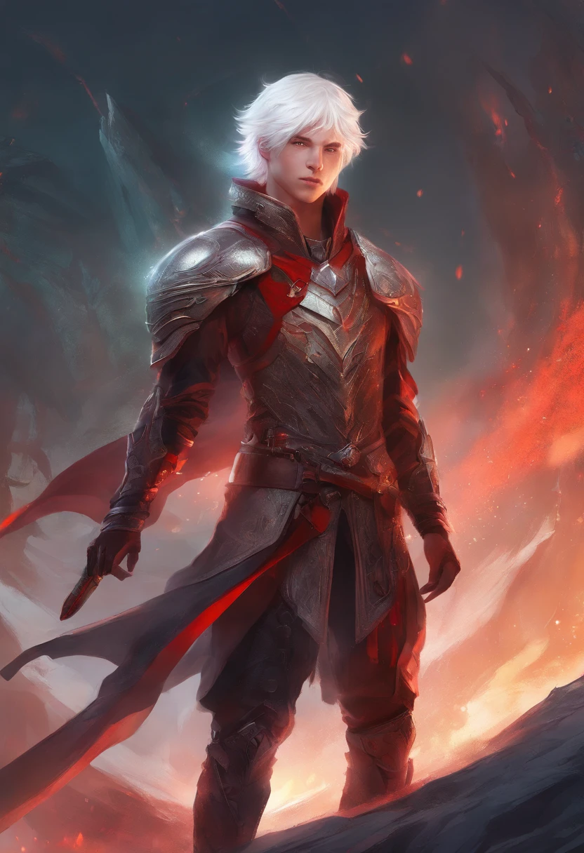 1boy, white hair. wolf cut haircut. red eyes, hi bio tech red glowing live living armor, post apocalyptic ciy, high res, ultrasharp, 8k, masterpiece, looking at viewer