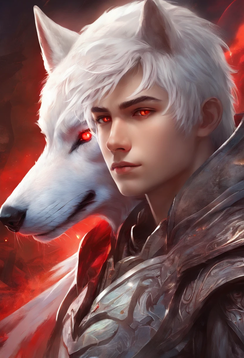 1boy, white hair. wolf cut haircut. red eyes, hi bio tech red glowing live living armor, post apocalyptic ciy, high res, ultrasharp, 8k, masterpiece, looking at viewer