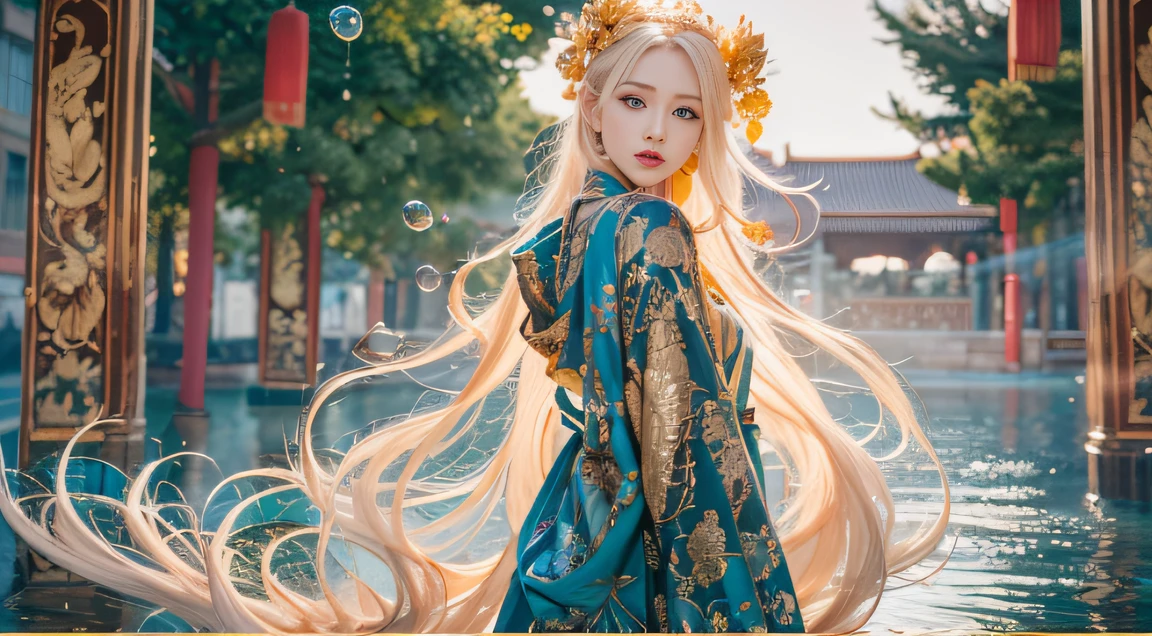 cyan colors,Cobalt Blue World,Blood Girl 32K(tmasterpiece,k hd,Aoyama Pond,hyper HD,32K)Long flowing bright yellow hair,blood pond,zydink, a color,Well-behaved (Post-halo), (Linen scarf), Combat posture, looking at the ground, long whitr hair, Floating bright orange, Fire cloud pattern gold tiara, Chinese long-sleeved gold silk burgundy garment, (Abstract metaverse splash:1.2), white backgrounid,Peony flower vitality protector(realisticlying:1.4),shiny yellow,Smoke on the road,The background is pure, A high resolution, the detail, RAW photogr, Sharp Re, Nikon D850 Film Stock Photo by Jefferies Lee 4 Kodak Portra 400 Camera F1.6 shots, Rich colors, ultra-realistic vivid textures, Dramatic lighting, Unreal Engine Art Station Trend, cinestir 800,A girl with long flowing bright yellow hair,Huge colorful bubbles