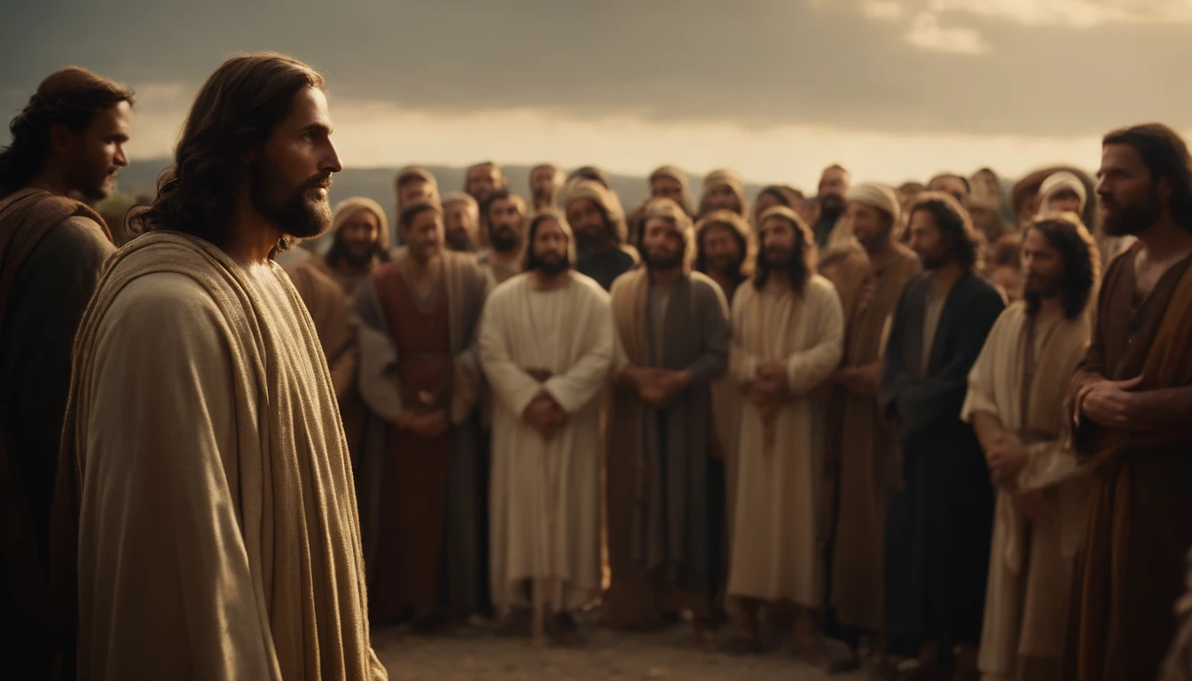 Jesus talking to his disciples and many followers around