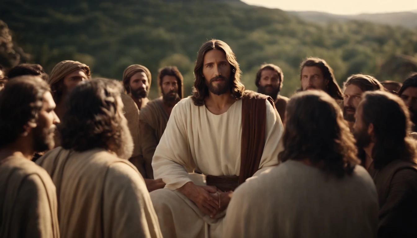 Jesus talking to his disciples and many followers around