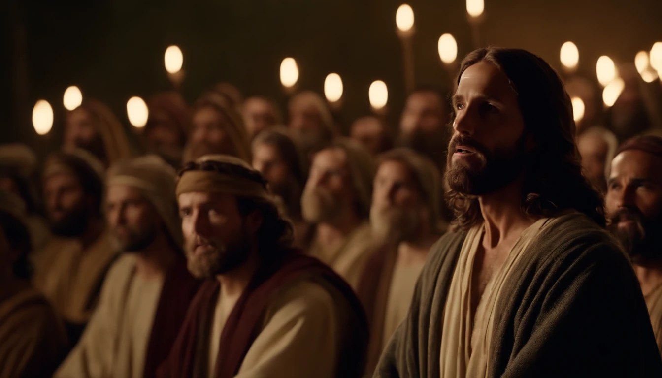 Jesus talking to his disciples and many followers around