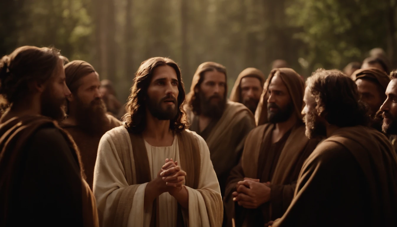 Jesus talking to his disciples and many followers around