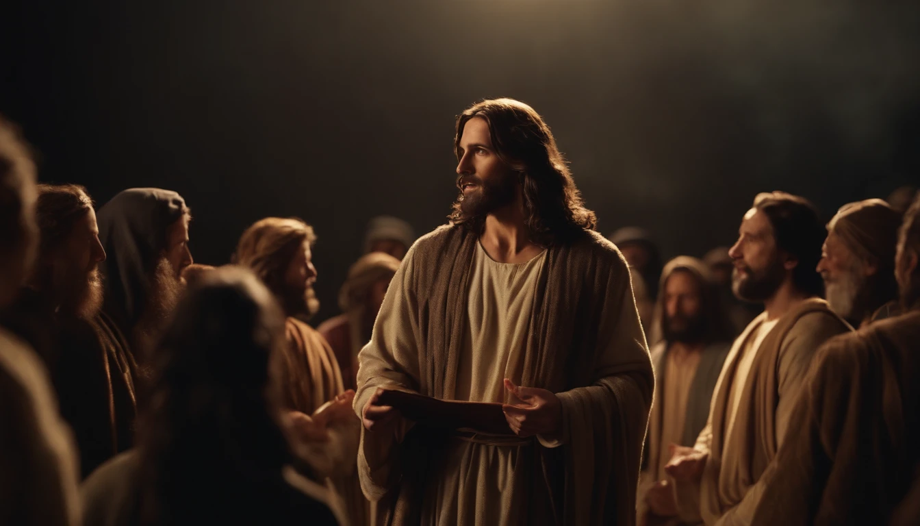 Jesus talking to his disciples and many followers around