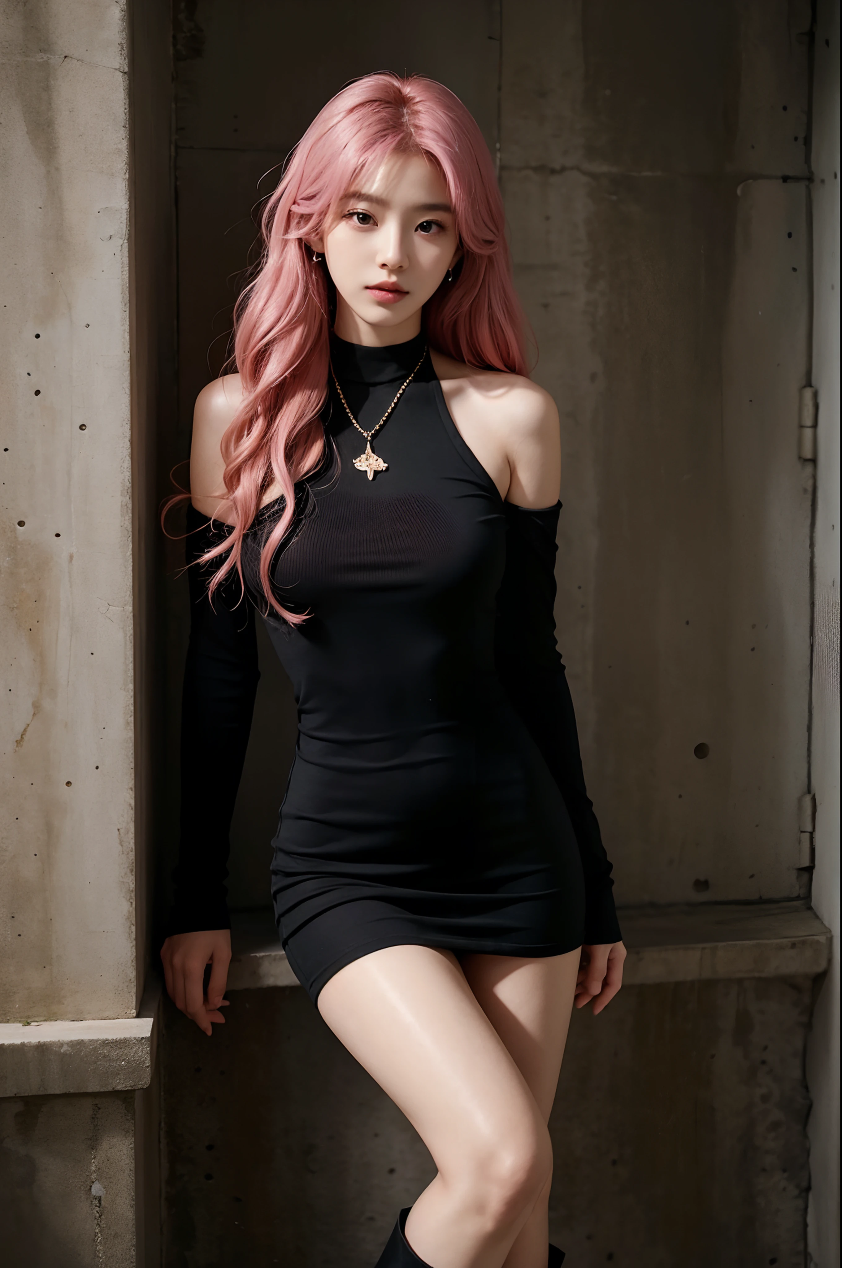 1girl, 175cm,korean model, 23 years old,soft body, pink hair, wavy hair,whole body, hair reaches waist, whole body,((head to leg)),black bracelets,black chain,((tight dress)), black tall boots,large earrings,close-up, 8k, RAW photo, best quality, masterpiece,realistic, photo-realistic,seductive,cute,  pose, leaning on wall