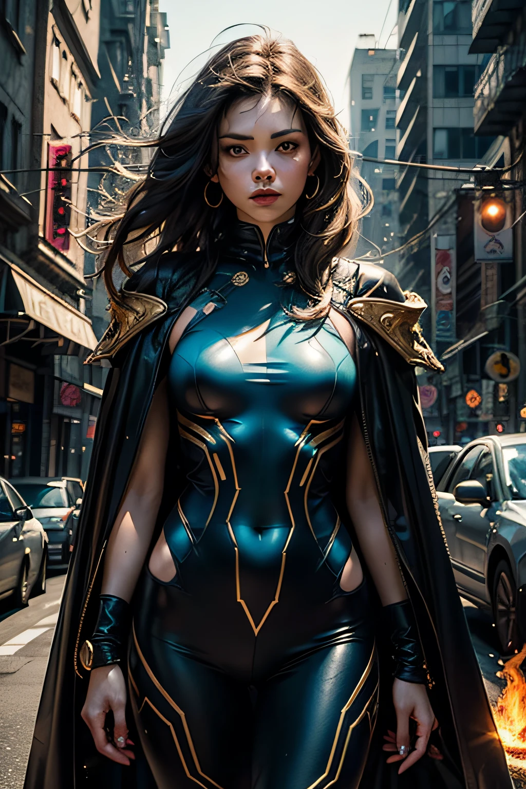 Dark Cyberpunk City、Villain Phantom、Insect humans、、Wearing a gold and white cloak、Wearing a black and purple tribal print bodysuit、28-year-old woman, Very long hair, Golden hair standing on end、,Purple face with a sense of fear、Coat of arms on the forehead、Eyes glow、masutepiece, Hyper realistic, 8K, Bokeh, Fire Luminescent, The body glows blue、