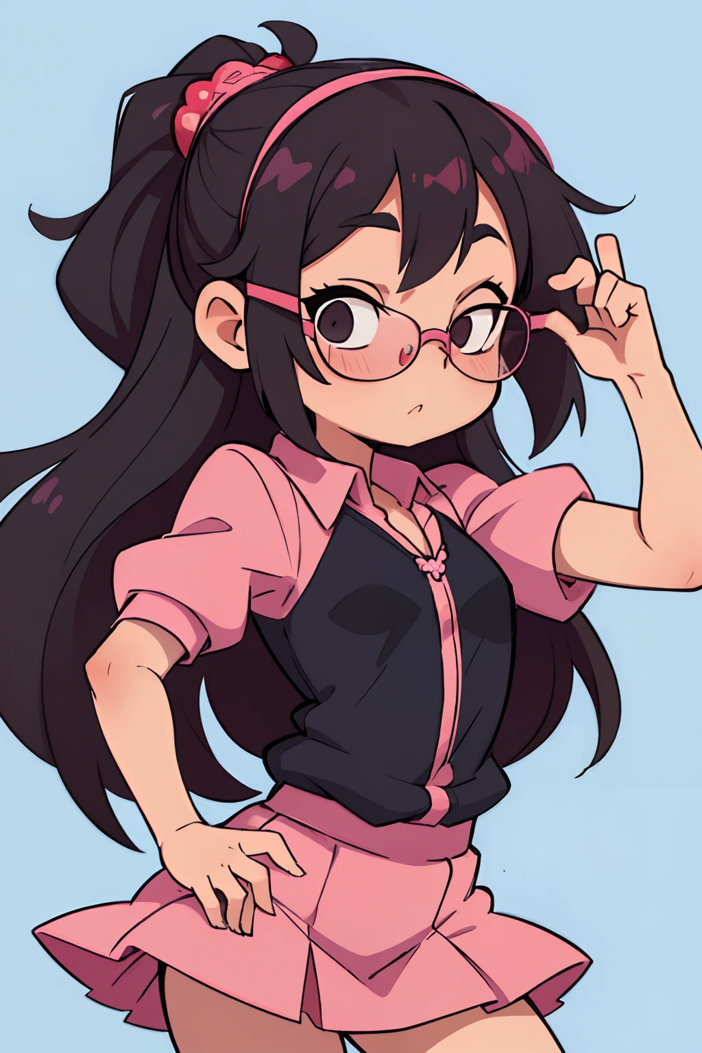 ((beste-Qualit, tmasterpiece) Anime-style girl, in a pink skirt, wearing cute black glasses,