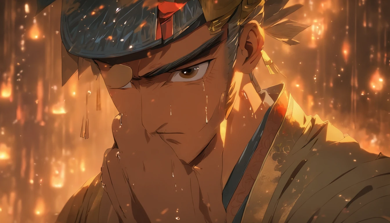 Masterpiece, Highest quality, (solofocus), (Perfect face:1.1), (High detail:1.1), (hyper detail eyes), Dramatic, (1人:0.5) A Chinese-style indoor man in a period costume has a sad expression,Tears of crying,