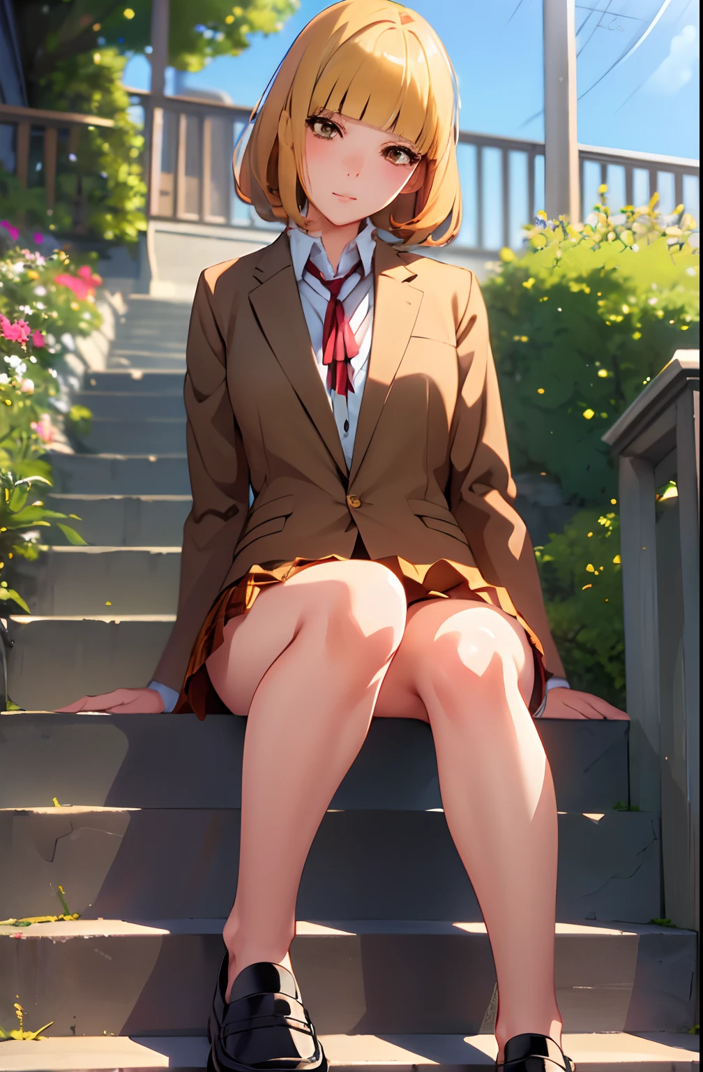 (masterpiece,best quality, detailed), 1girl, solo, outdoors, stairs, linked fence, from below, squinting, eyelashes, sitting, midorikawa hana, brown jacket, neck ribbon, collared shirt, school uniform, plaid skirt, (shorts, shorts under skirt), loafers