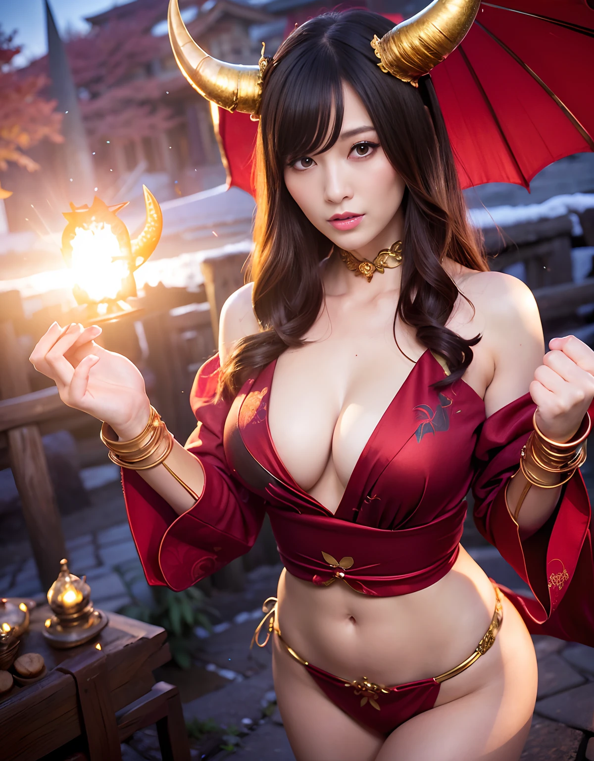((World of Darkness)),Professional , masterpiece、top-quality、photos realistic , depth of fields 、(sexypose)、(Red maple on full bloom background),(Ultimate Beauty)、A dark-haired、(shrine background)、(Kimono with beautiful pattern)、(Night background)、Beautiful hair ornament on the head、((Precipitous cliffs)),(Wear a beautiful kimono),(Wear a beautiful kimono with colorful floral patterns)、Jewel Gold Weapon、Particles of light),(Wearing a wizard's hat)、Gorgeous gold weapons ,Castle background、(( Gorgeous Dragon Sword)) , (a dark night),,(maikurobikini) 、((Black Haired Beautiful Girl))、(Castle background)、(demonic wings)、((Gangle's forest background))、Beautiful Caucasian beauty、1a person、dynamic ungle,(((Two devil's horns on the head)))、Smaller head、Idle Smile、Thin and beautiful female hands、Mystical expression、Light Effects、intense fighting、Wind-effect、magic circles、With the legendary magic wand、Dragon's tail、