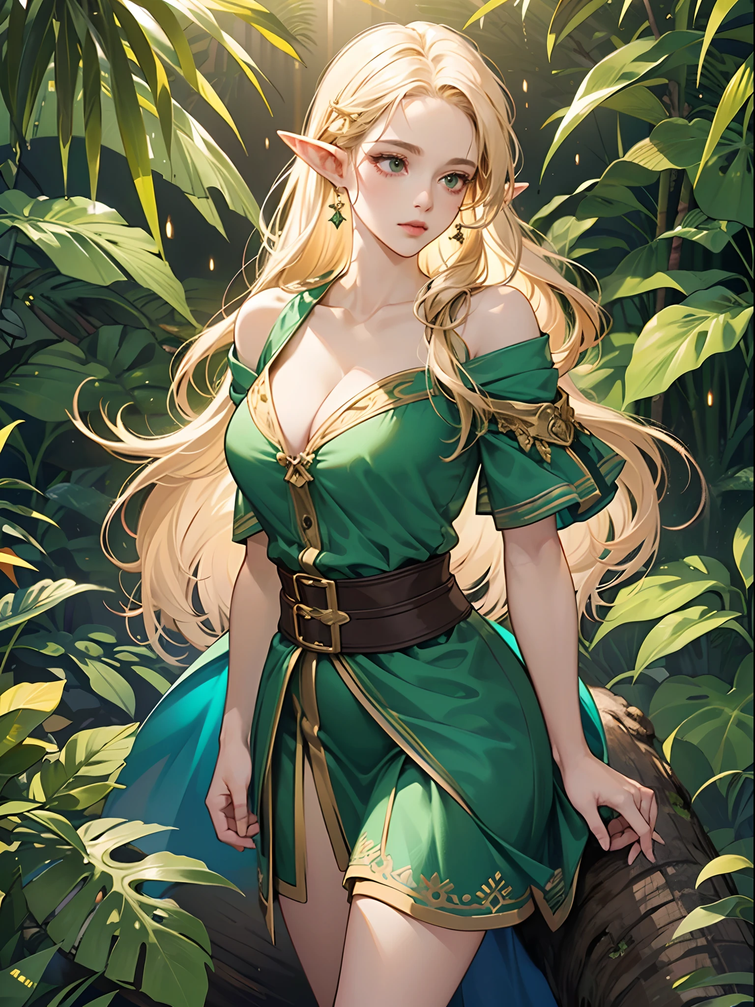Beautiful elf, blonde long hair, green dress, v neck, cleavage, elf ear, standing above big tree trunk, (light fantasy:1.1), (fantasy jungle:1.3), firefly, glitter, (masterpiece:1.2), vibrant,best quality, (ultra-detailed CG unity 8k wallpaper)