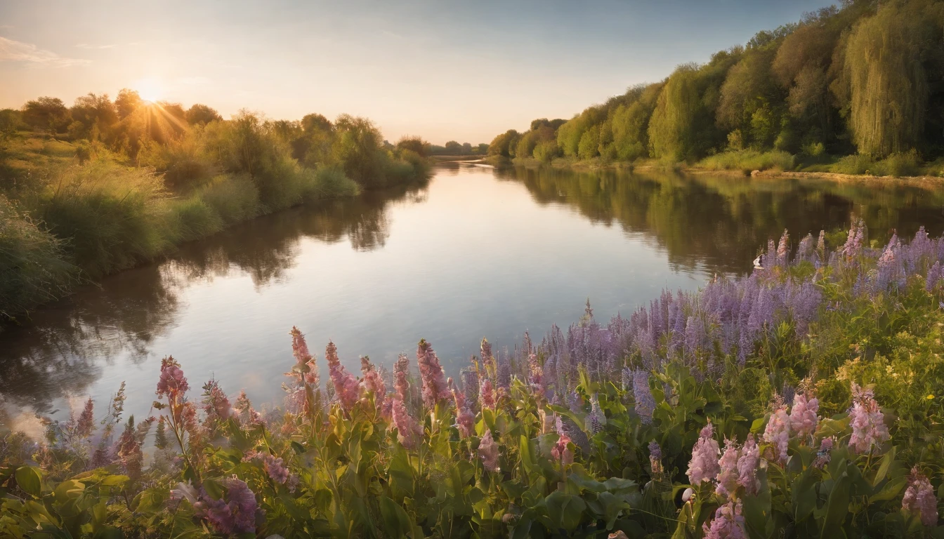 The river flows,Reflecting the sky,Seasonal flowers too,light and shadows