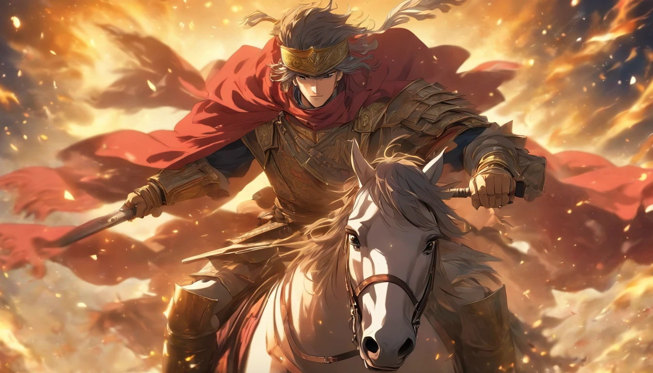 Masterpiece, Highest quality, (solofocus), (Perfect face:1.1), (High detail:1.1), (hyper detail eyes), Dramatic, (1人:0.5) A man in period costume rides a horse
