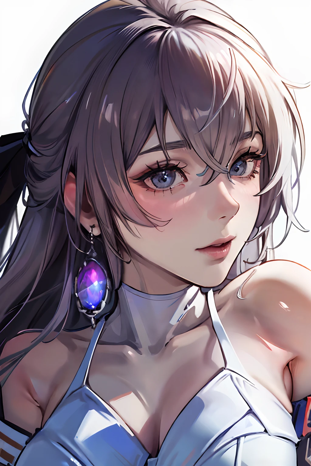 (((Masterpiece))), diffused light, dynamic shadows, sharp focus, realistic, detailed, highres, absurdres, seductive face, white background, looking to the side, medium breast, thighs, sexy pose, hot, sensual, sexual, thigh gap, 8k