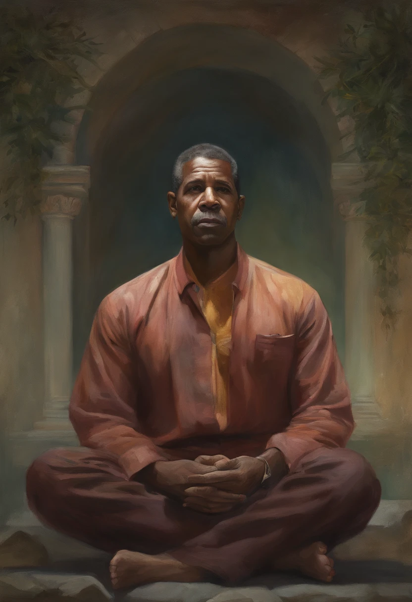 homem maduro, sitting in a meditation position, diante de um orisonte lindo, com o sol se pondo, in connection with the divine, Foto retrato, Directed by: Drew Tucker, Directed by: Adam Marczyński, Directed by: Alexandre Kucharsky, Directed by: Gavin Nolan, Surrealismo 8K, Directed by: Jason Felix, Yuri Shwedoff e Tom Bagshaw, arte ilustrativa, Estilo Denzel Washington