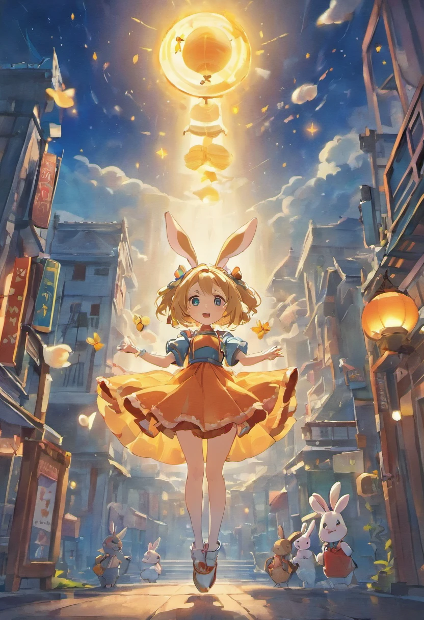Mid-Autumn Festival, Cute fairy, Dressed in overalls and a rabbit playing next to the girl, Moon cake, Auspicious clouds, Behind the huge moon, Behind a huge gas station, Warm colors, abstract pictures, Pixar style, 3d effect, Disney style, Clear contour light, Edge light, fantasy, spotlight lights, 8K --ar 9:16 --q 0.5 50 --Niji 5, Rabbit ears, surrealism, Chiaroscuro, High details , --s 2