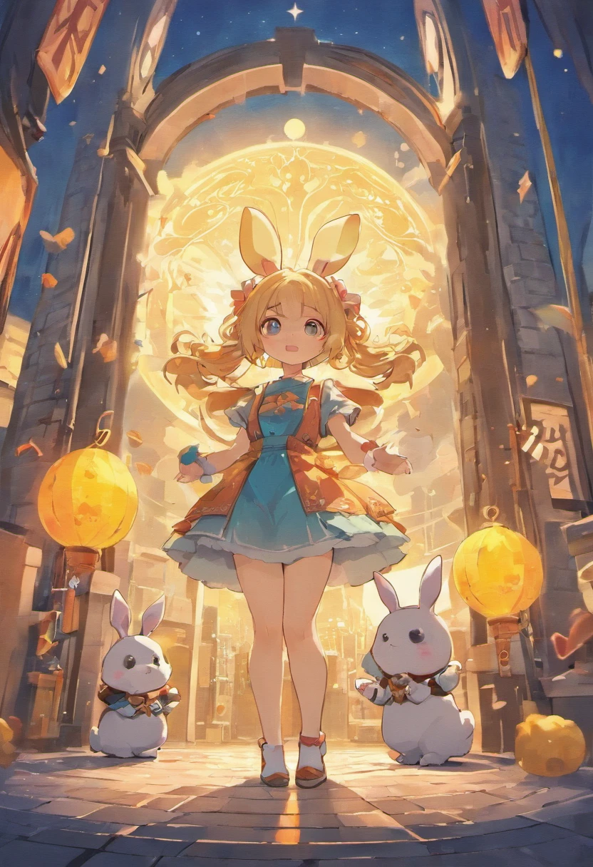 Mid-Autumn Festival, Cute fairy, Dressed in overalls and a rabbit playing next to the girl, Moon cake, Auspicious clouds, Behind the huge moon, Behind a huge gas station, Warm colors, abstract pictures, Pixar style, 3d effect, Disney style, Clear contour light, Edge light, fantasy, spotlight lights, 8K --ar 9:16 --q 0.5 50 --Niji 5, Rabbit ears, surrealism, Chiaroscuro, High details , --s 2
