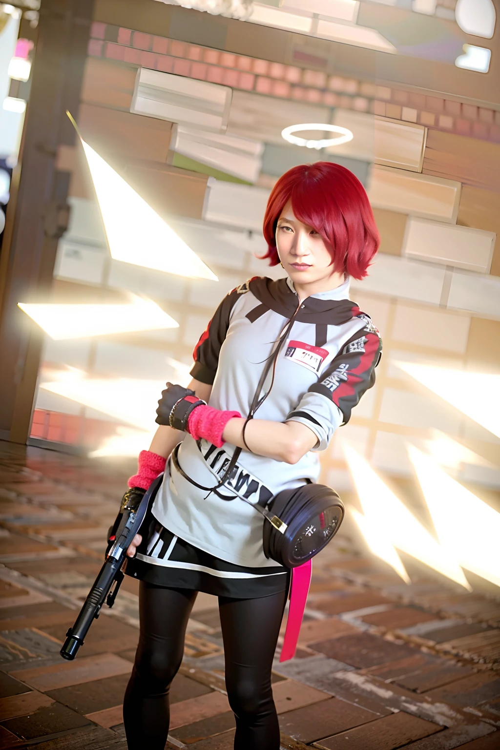 Anime - a style photo of a woman with a gun and angel wings, Anime cosplay, professional cosplay, Anime girl cosplay,cosplay, full-cosplay, cosplay, UHD, retina, masterpiece, ccurate, textured skin, super detail, high details, high quality, best quality, highres, 8k,arknights,Exusiai,otto