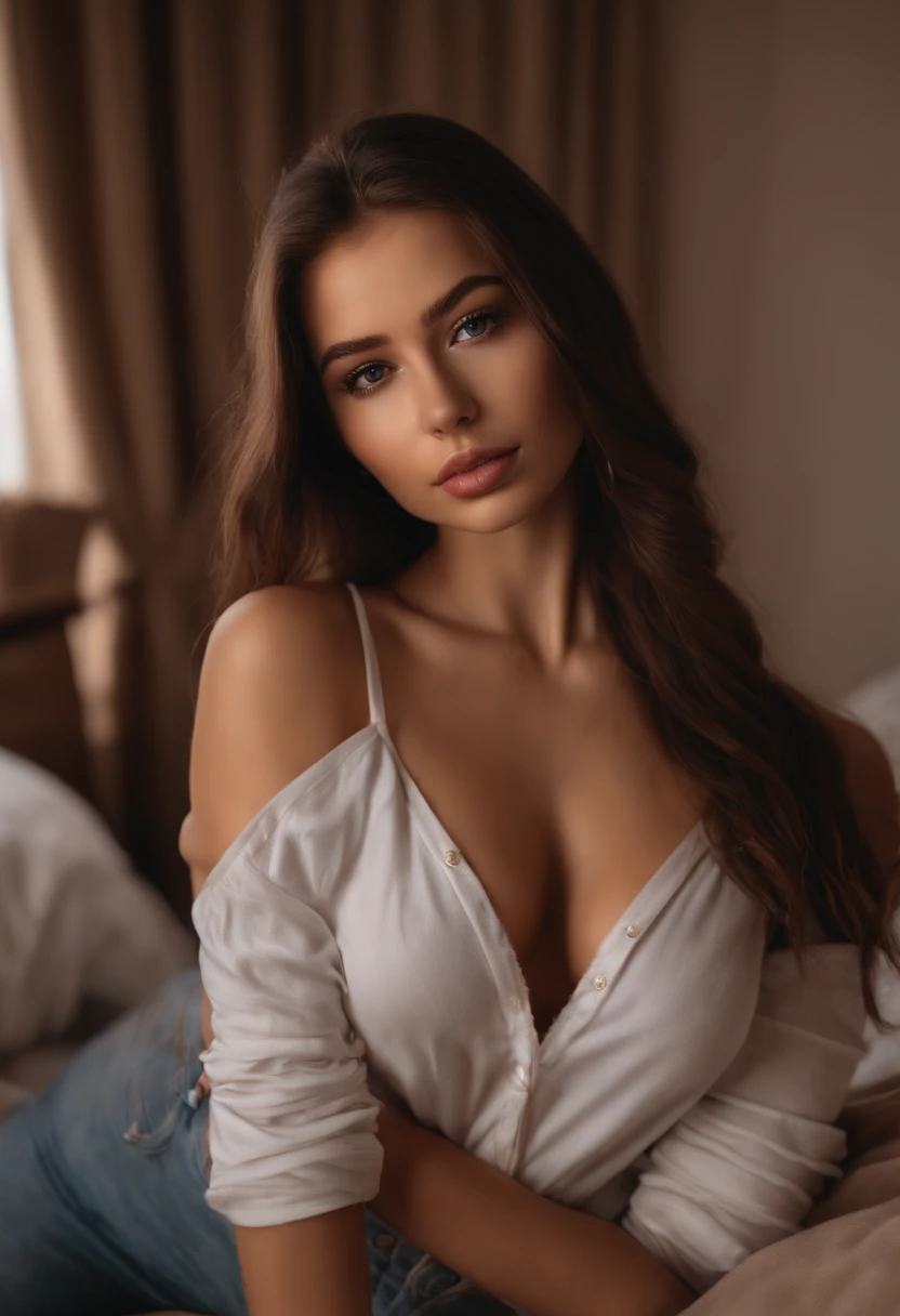 arafed woman fully , sexy girl with brown eyes, ultra realistic, meticulously detailed, portrait sophie mudd, brown hair and large eyes, selfie of a young woman, bedroom eyes, violet myers, without makeup, natural makeup, looking directly at the camera, face with artgram, subtle makeup, bikini sexy on bed, in bedroom, medium to large size bust