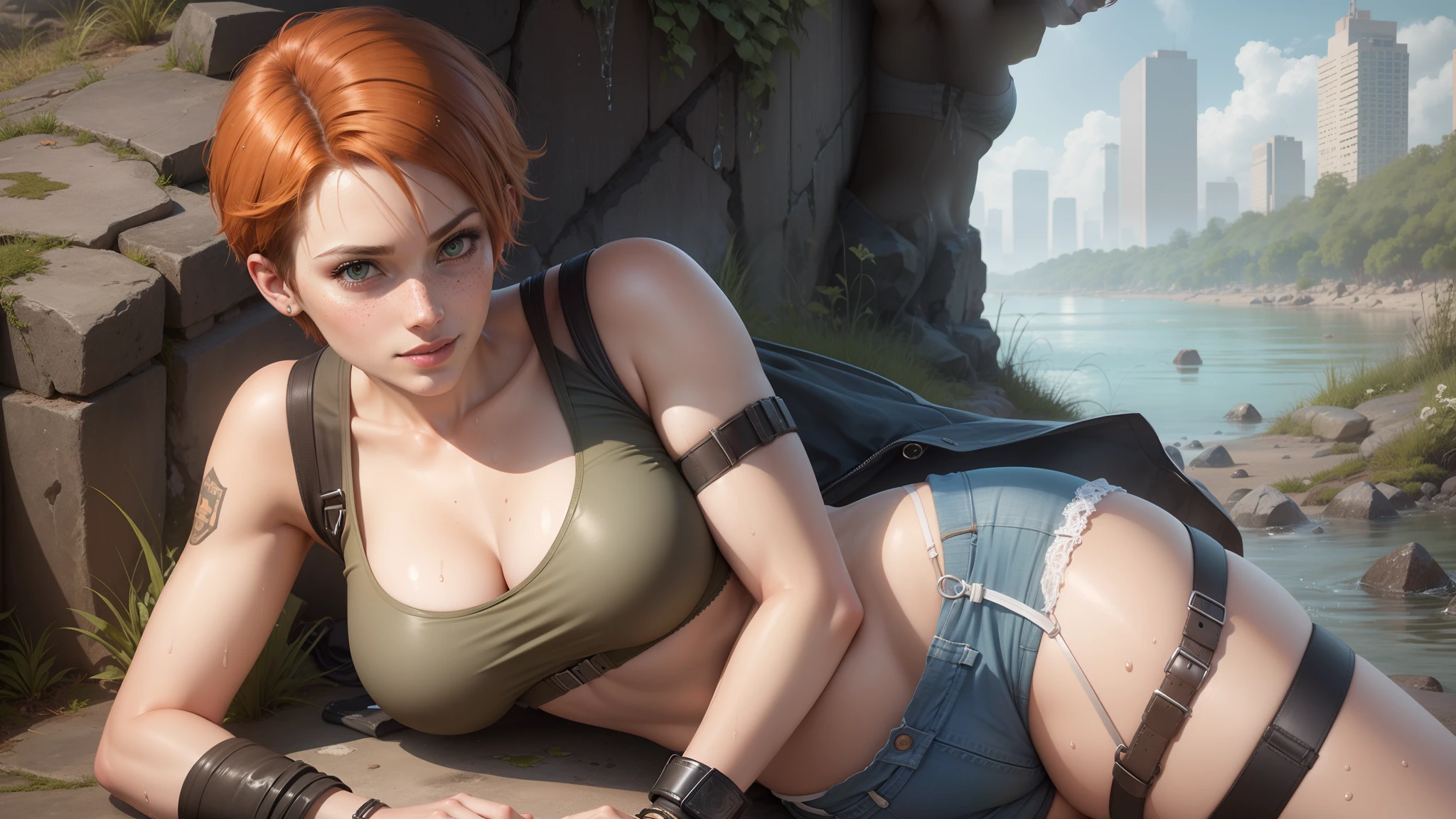 gwen tennyson,tracer,rebecca chambers,lara croft,resident evil,1girl,ager,green eyes,garter belt,short hair,orange hair,river,shy smile,ginger,white sports bra,striped panties,denim micro skirt,freckles,beautiful girl,wet clothes,stockings,large breasts,ultra detailed,realistic,