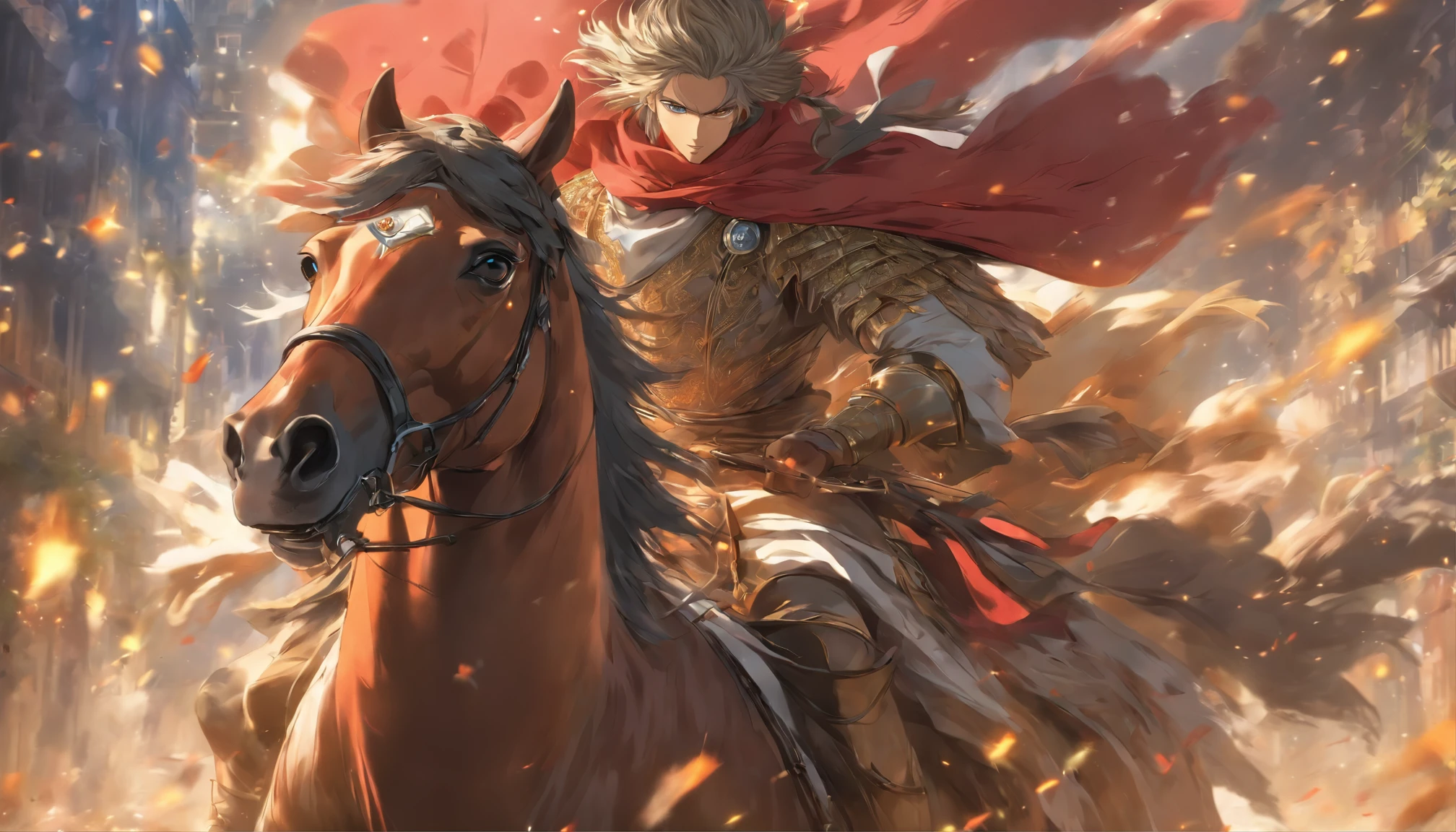 Masterpiece, Highest quality, (solofocus), (Perfect face:1.1), (High detail:1.1), (hyper detail eyes), Dramatic, (1人:0.5) A man in period costume rides a horse