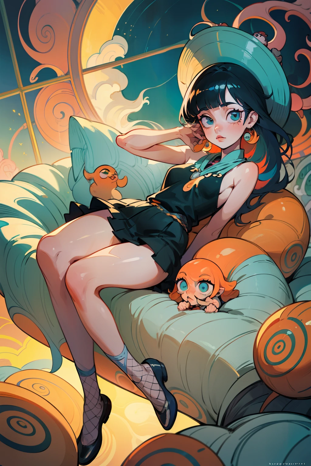 Swimming, (waterside views) Outdoor (on a rock) Blue aqua hair with yellow and white streaks GIRL studying with sunset on her window, anime, he lives in a building. Sitting on legs with feet soles facing camera in ballerina shoes with big butt and hips with face over looking over shoulders back into camera lingerie must be very strappy with charms, witch hat, with outfit, witch dress, witch costume, petting creatures,(8K, 4K, Best Quality, hight resolution:1.2), (maasterpiece, Realistic, photos realistic:1.37), 1girll, Solo, Beautiful face, eye lashes, nase, Glossy lips, (Detailed eyes, view the viewer, Fair skin, White skin:1.5), crocs with charms, eating a burger, color schemes green, glowing elements, light effects, light rays, back lighting, warm back light, background is just pillows, octopus tentacles wrapping around the pillows, and curtains, window with a view, extremely long braided hair, cute hat, flowers, octapus tentacles, tattoos, piercings, fishnets, skirt, and tank top, y2k, white water, underwater with fishes everywhere holding breath eating fish, Ultra maniac anime manga style theme (nana manga) Kamikaze kaitoujin, full body high quality 4k illustration, ceiling view pose girl looking into camera from a white bedsheet and blood splatter, Junji ito style, (uzumaki, lit. "Spiral") is a Japanese horror manga series written and illustrated by Junji Ito, horror illustration, (uzumaki) (tomie) (a girl,beauty,2girls,3girls)cool detailed eyes,beautiful detailed lips,extremely detailed eyes and face,longeyelashes,colorful hair,confident smile,stylish outfit, earrings (yummy) food in a dynamic pose(aesthetic style),vibrant colors,street-art inspired background,urban lighting, pearly white and orange, horror Comic book. White hair streaks, aqua blue hair, hair with a lot of flow and blonde, city scape, futuristic clothes, group photo