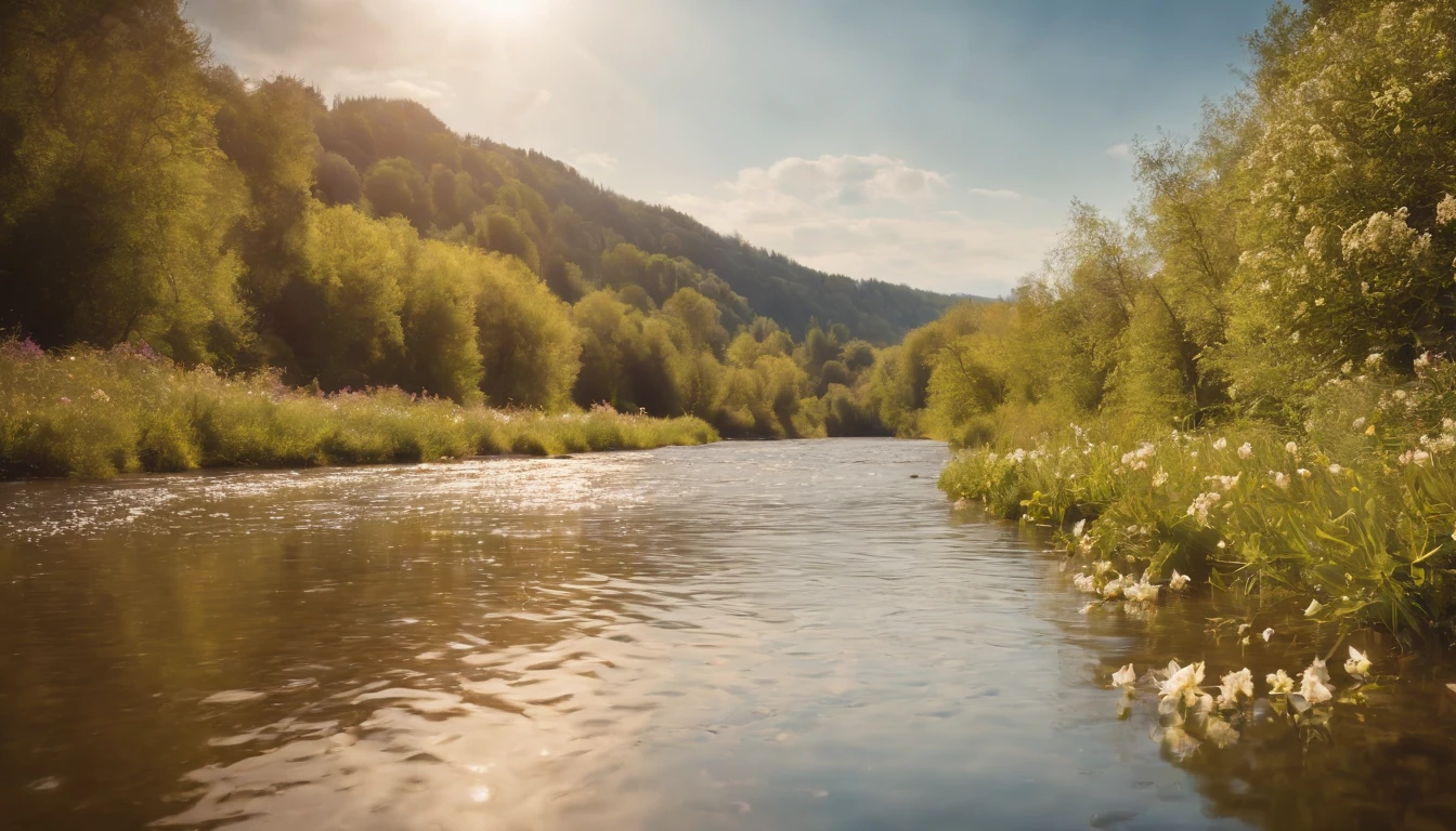 The river flows,Reflecting the sky,Seasonal flowers too,light and shadows