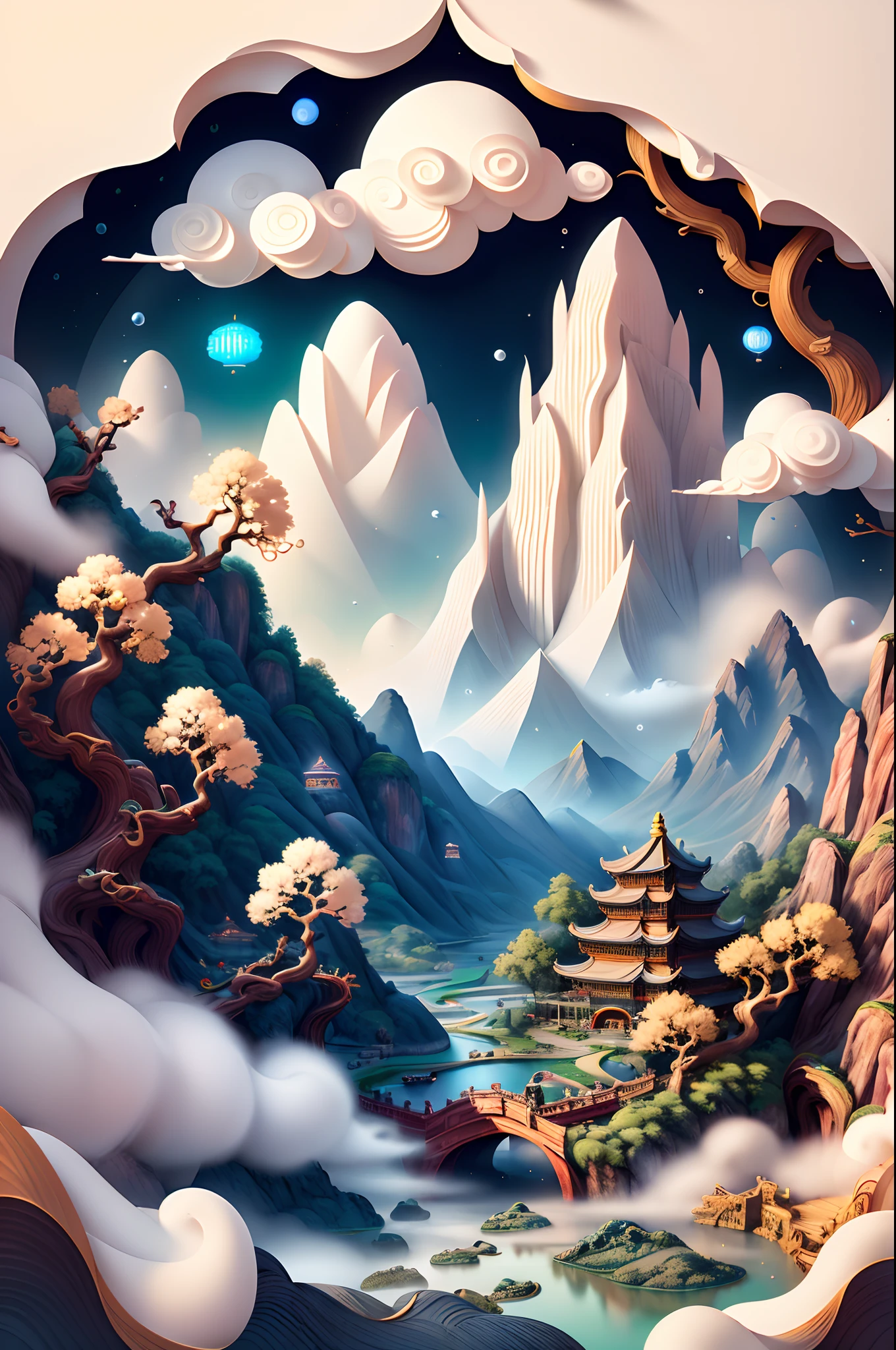 Chinese Ancient Times，Extremely pure white background，dream magical，𝓡𝓸𝓶𝓪𝓷𝓽𝓲𝓬，8K，spotlight lights，Extremely fine detail，Chinese architecture,gardens,mountain water,（Sea of Clouds）