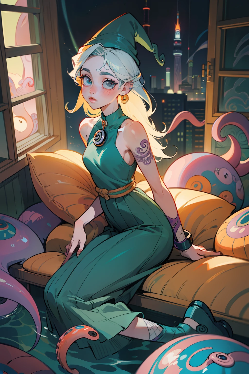 Swimming, (waterside views) Outdoor (on a rock) Blue aqua hair with yellow and white streaks GIRL studying with sunset on her window, anime, he lives in a building. Sitting on legs with feet soles facing camera in ballerina shoes with big butt and hips with face over looking over shoulders back into camera lingerie must be very strappy with charms, witch hat, with outfit, witch dress, witch costume, petting creatures,(8K, 4K, Best Quality, hight resolution:1.2), (maasterpiece, Realistic, photos realistic:1.37), 1girll, Solo, Beautiful face, eye lashes, nase, Glossy lips, (Detailed eyes, view the viewer, Fair skin, White skin:1.5), crocs with charms, eating a burger, color schemes green, glowing elements, light effects, light rays, back lighting, warm back light, background is just pillows, octopus tentacles wrapping around the pillows, and curtains, window with a view, extremely long braided hair, cute hat, flowers, octapus tentacles, tattoos, piercings, fishnets, skirt, and tank top, y2k, white water, underwater with fishes everywhere holding breath eating fish, Ultra maniac anime manga style theme (nana manga) Kamikaze kaitoujin, full body high quality 4k illustration, ceiling view pose girl looking into camera from a white bedsheet and blood splatter, Junji ito style, (uzumaki, lit. "Spiral") is a Japanese horror manga series written and illustrated by Junji Ito, horror illustration, (uzumaki) (tomie) (a girl,beauty,2girls,3girls)cool detailed eyes,beautiful detailed lips,extremely detailed eyes and face,longeyelashes,colorful hair,confident smile,stylish outfit, earrings (yummy) food in a dynamic pose(aesthetic style),vibrant colors,street-art inspired background,urban lighting, pearly white and orange, horror Comic book. White hair streaks, aqua blue hair, hair with a lot of flow and blonde, city scape, futuristic clothes, group photo
