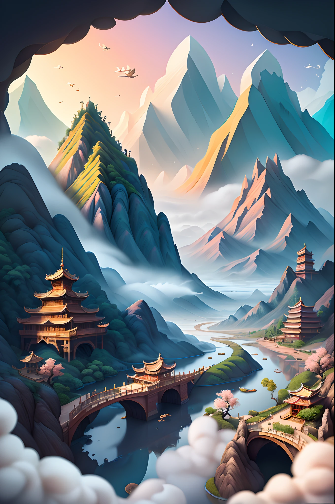 Chinese Ancient Times，Extremely pure white background，dream magical，𝓡𝓸𝓶𝓪𝓷𝓽𝓲𝓬，8K，spotlight lights，Extremely fine detail，Chinese architecture,gardens,mountain water,（Sea of Clouds）