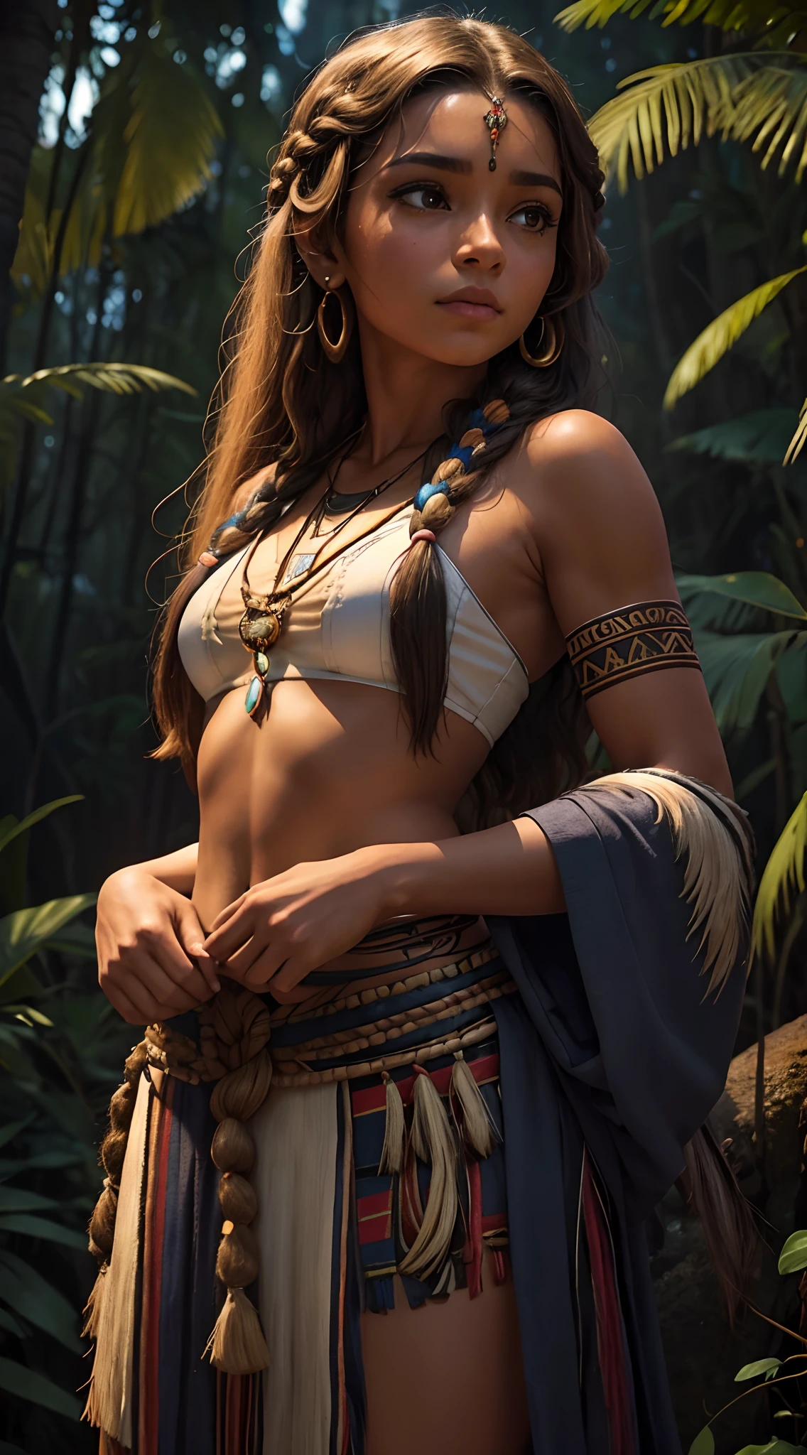 ((work of art)), ((best qualityer)), ((high resolution)), extremely detaild)), ((1 girl as Pocahontas)), whole body, Native American woman, beautiful woman shot from front view, large breasted, (super realistico), (incomparable beauty), Detailed texture skin, detailed cloth texture, beautifull detailed face, intricate details, ultra detaild, indigenous feather jewelry, headdress of feathers, ((handmade traditional yellow dress)) ((armed hunter warrior)), In the wilderness, (dynamic pose), (random angles), ssmile, Look at the Beholder, ultra realistic, conceptual artwork, chic, ((intricate)), ((highy detailed)), Depth of field, ((professional color grading)), soft ambient lighting, twilight, (best qualityer, Uma high resolution, photorrealistic, primitive, 8K,work of art, ),best qualityer, Obra-prima8K.hdr. High ribs:1.2, Film grain, Blur bokeh:1.2, Lens flare, (vivid color:1.2), (dainty),