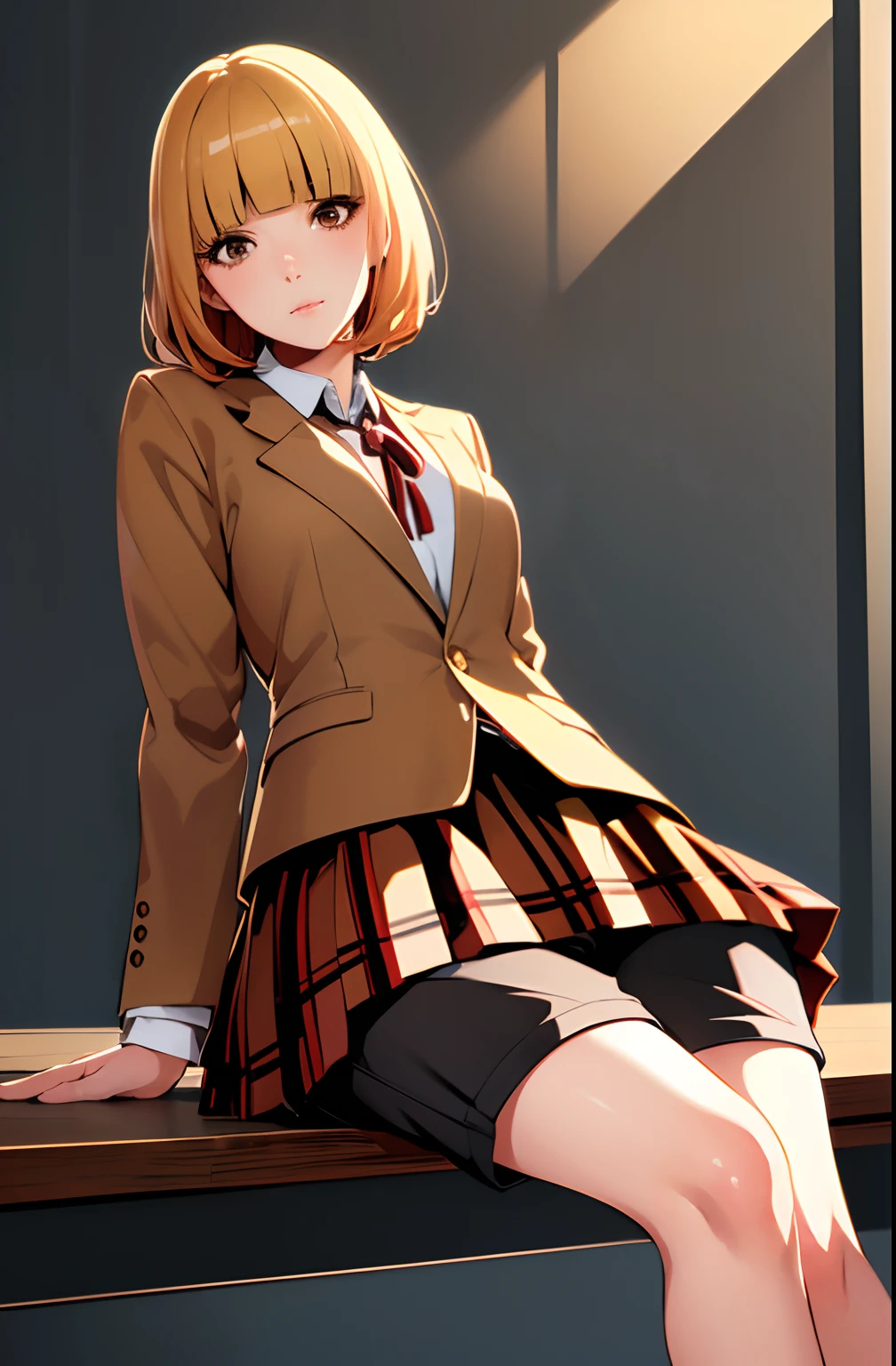 (masterpiece,best quality, detailed), 1girl, solo, linked fence, from below, eyelashes, sitting on table, midorikawa hana, brown jacket, neck ribbon, collared shirt, school uniform, plaid skirt, (shorts, shorts under skirt), loafers