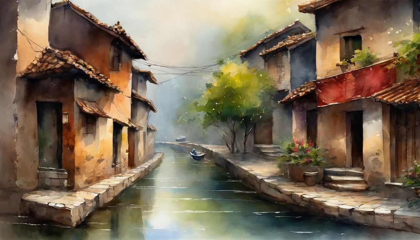 modern, speed lines, vanishing point, UHD, masterpiece, high details,There is a Chinese-style alley in the bustling city,Wires are interspersed between the houses on both sides,Stone bricks of different sizes are paved on the path,The sides are lined with greenery。It just rained here,Puddles are scattered everywhere,The sky is gray,Nothing,Everything seemed particularly homely