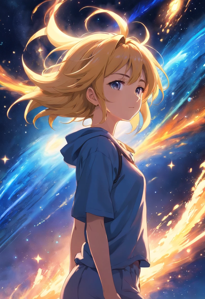 Girl who transforms into a Super Saiyan,Finger forward,Starry sky explosion,The planet exploded,Cosmic light waves,space backdrop