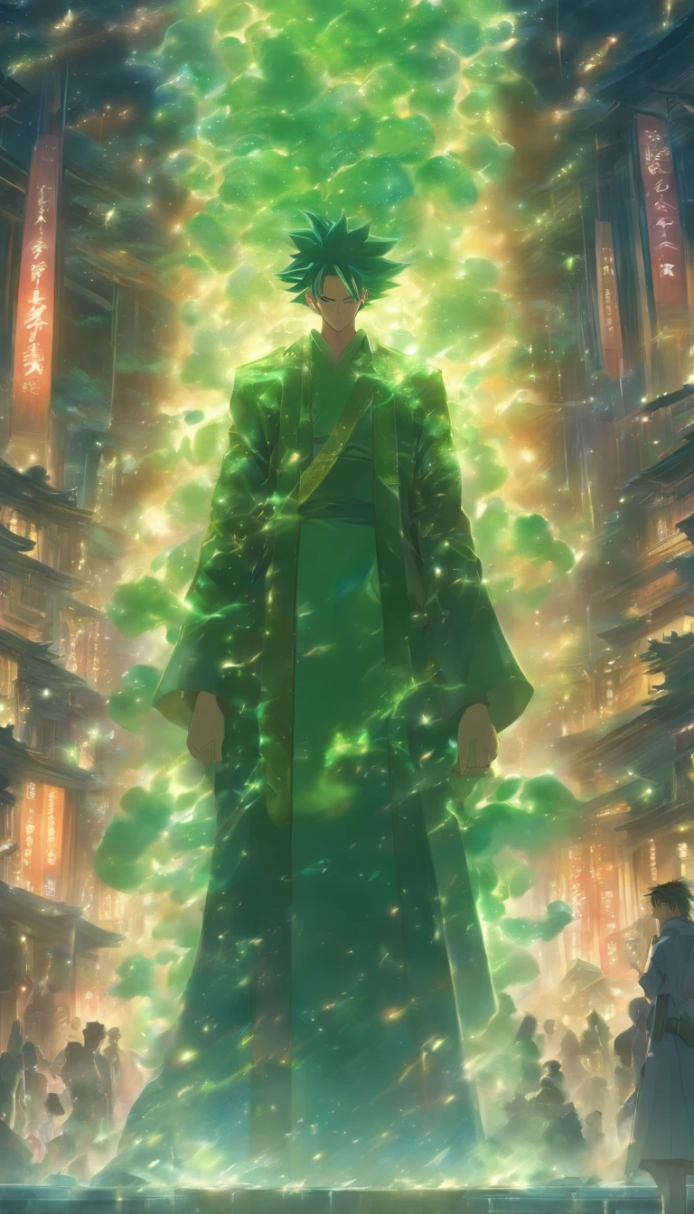 /imagine prompt: A tall man standing in a dimly lit room, holding a communication jade slip, surrounded by a mysterious atmosphere, with various talismans and swords hanging on the walls. ,32k, best quality, masterpiece, super detail, high details, by Makoto Shinkai ,in the style of the stars art group xing xing, --niji 5"