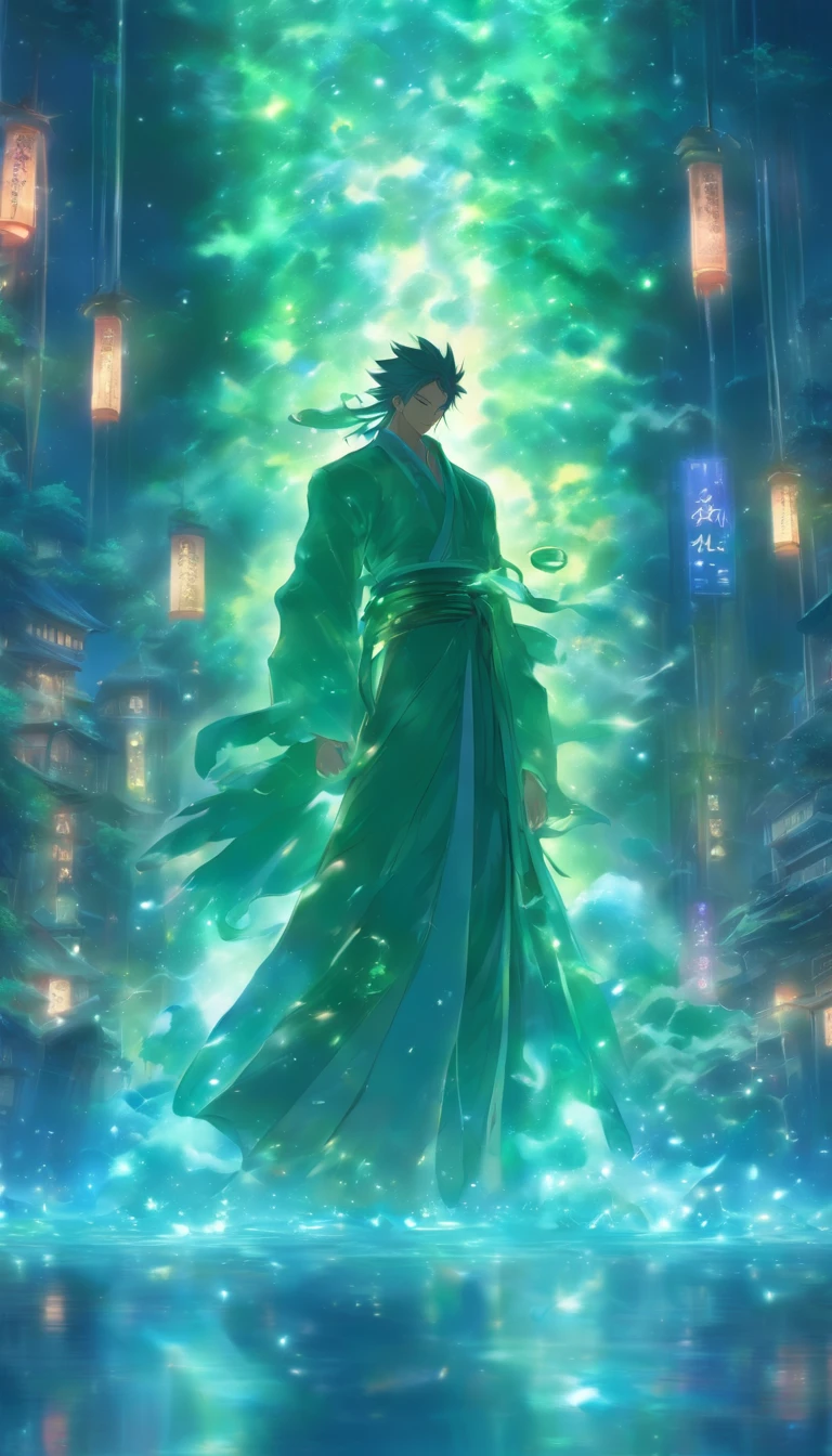 /imagine prompt: A tall man standing in a dimly lit room, holding a communication jade slip, surrounded by a mysterious atmosphere, with various talismans and swords hanging on the walls. ,32k, best quality, masterpiece, super detail, high details, by Makoto Shinkai ,in the style of the stars art group xing xing, --niji 5"