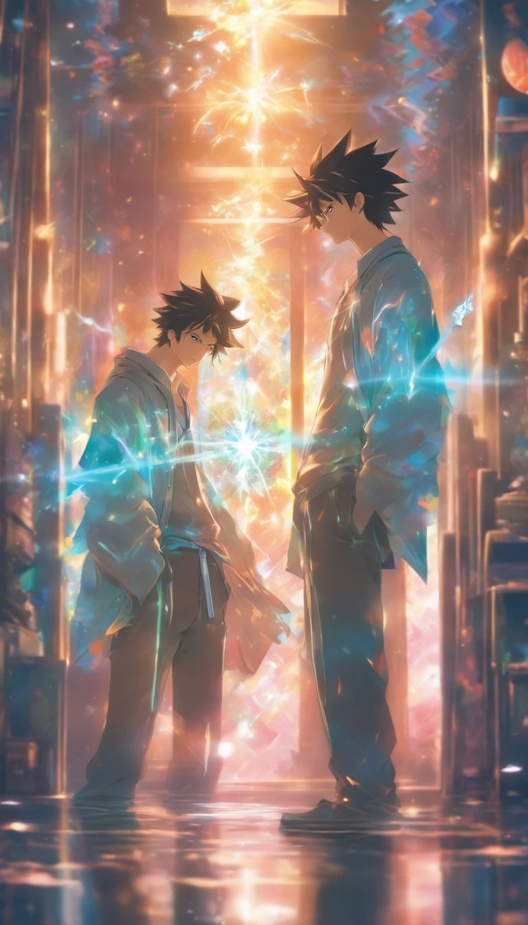 /imagine prompt: A young man standing in front of a mirror, holding a magic wand, with a system interface displaying options for hidden skills. He exudes a mysterious aura, and the surrounding environment looks very ordinary. ,32k, best quality, masterpiece, super detail, high details, by Makoto Shinkai ,in the style of the stars art group xing xing, --niji 5"