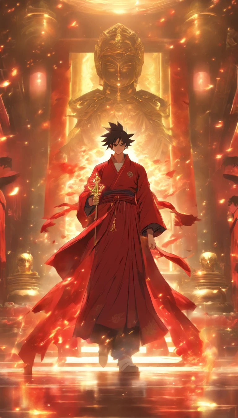 /imagine prompt: A confident young man standing in front of the grand hall of the Red Robe Sect, holding a large pile of escape talismans, the grand hall exuding a mysterious aura, with a majestic Sword Sect Master inside, ,32k, best quality, masterpiece, super detail, high details, by Makoto Shinkai ,in the style of the stars art group xing xing, --niji 5"