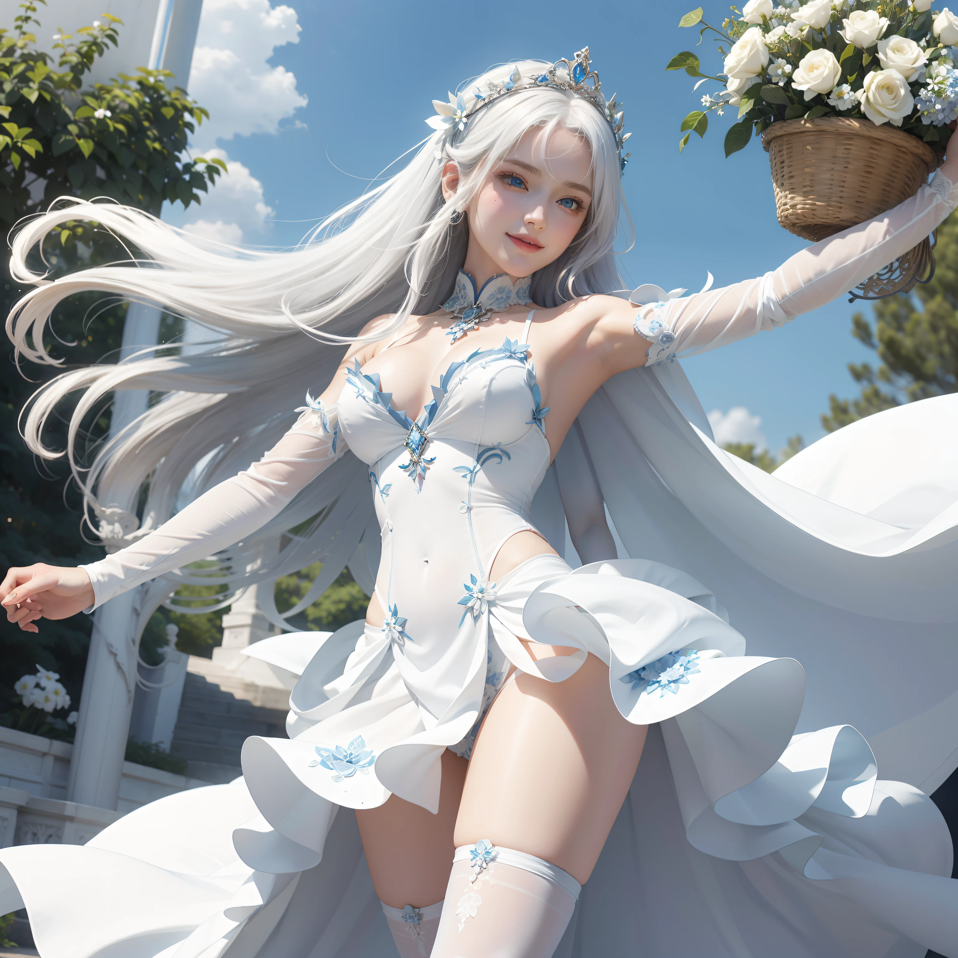 Natural steppes,White goddess blue eyes in human shape、beautiful body of a flower of a very attractive age with white pubic hair,,,,,White Isekai Dress,Frolic cheerfully,A smile,Dancing,skinny legs,