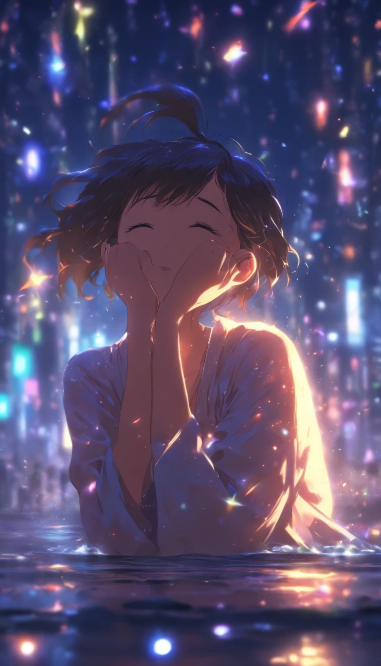 /imagine prompt: A petite girl bowing her head, sweating profusely on her forehead, surrounded by a dark atmosphere, ,32k, best quality, masterpiece, super detail, high details, by Makoto Shinkai ,in the style of the stars art group xing xing, --niji 5"